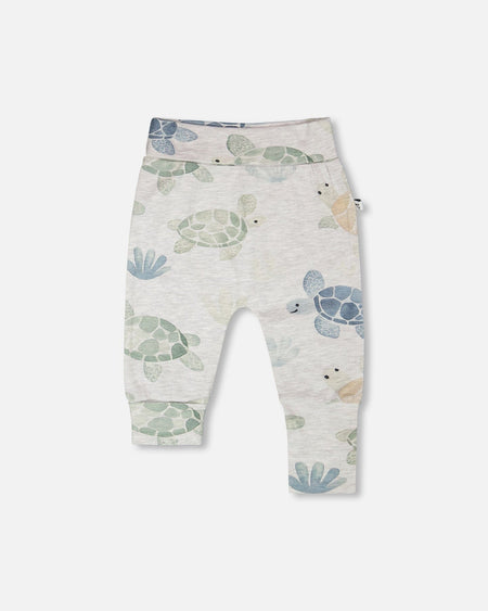 Organic Cotton Jersey Evolutive Pants Grey Mix Turtle Print Pants deux par deux
