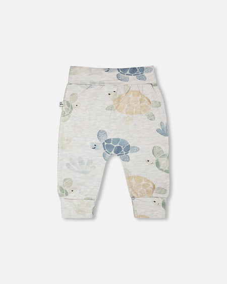 Organic Cotton Jersey Evolutive Pants Grey Mix Turtle Print Pants deux par deux