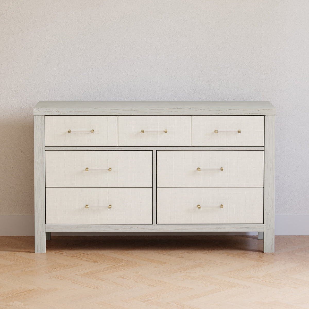 Eloise 7 Drawer Assembled Dresser White Driftwood and Performance Pearl Eco-Weave Eloise 7 Drawer Assembled Dresser White Driftwood and Performance Pearl Eco-Weave
