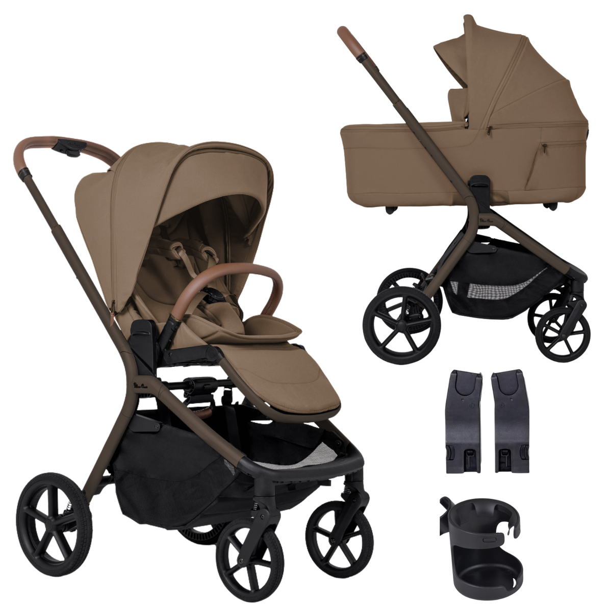 Breez Stroller + Folding Bassinet Newborn Bundle ( w/ Cup Holder & Car Seat Adapter ) Strollers - Single Silver Cross Maple
