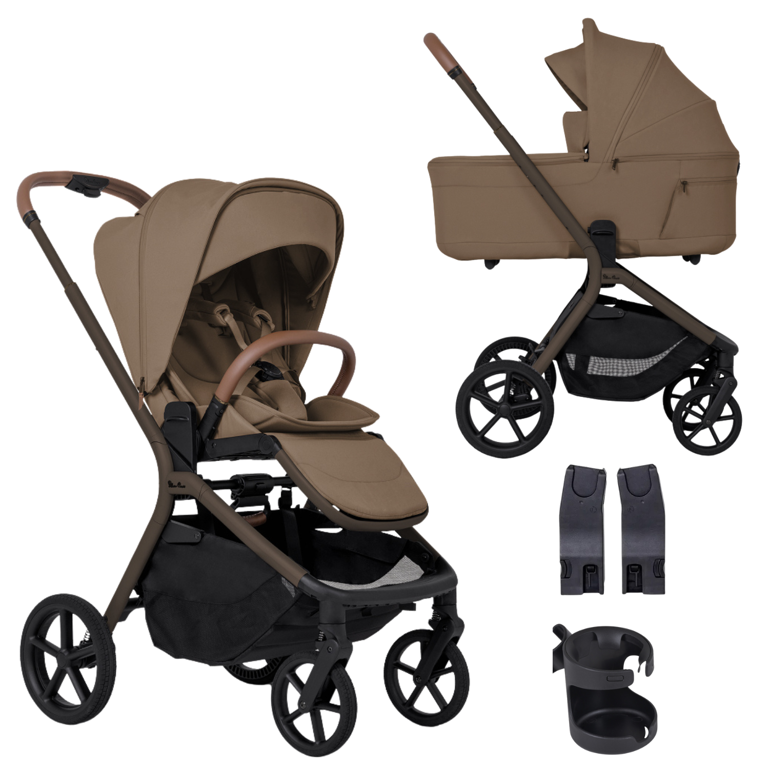 Breez Stroller + Folding Bassinet Newborn Bundle ( w/ Cup Holder & Car Seat Adapter ) Strollers - Single Silver Cross Maple