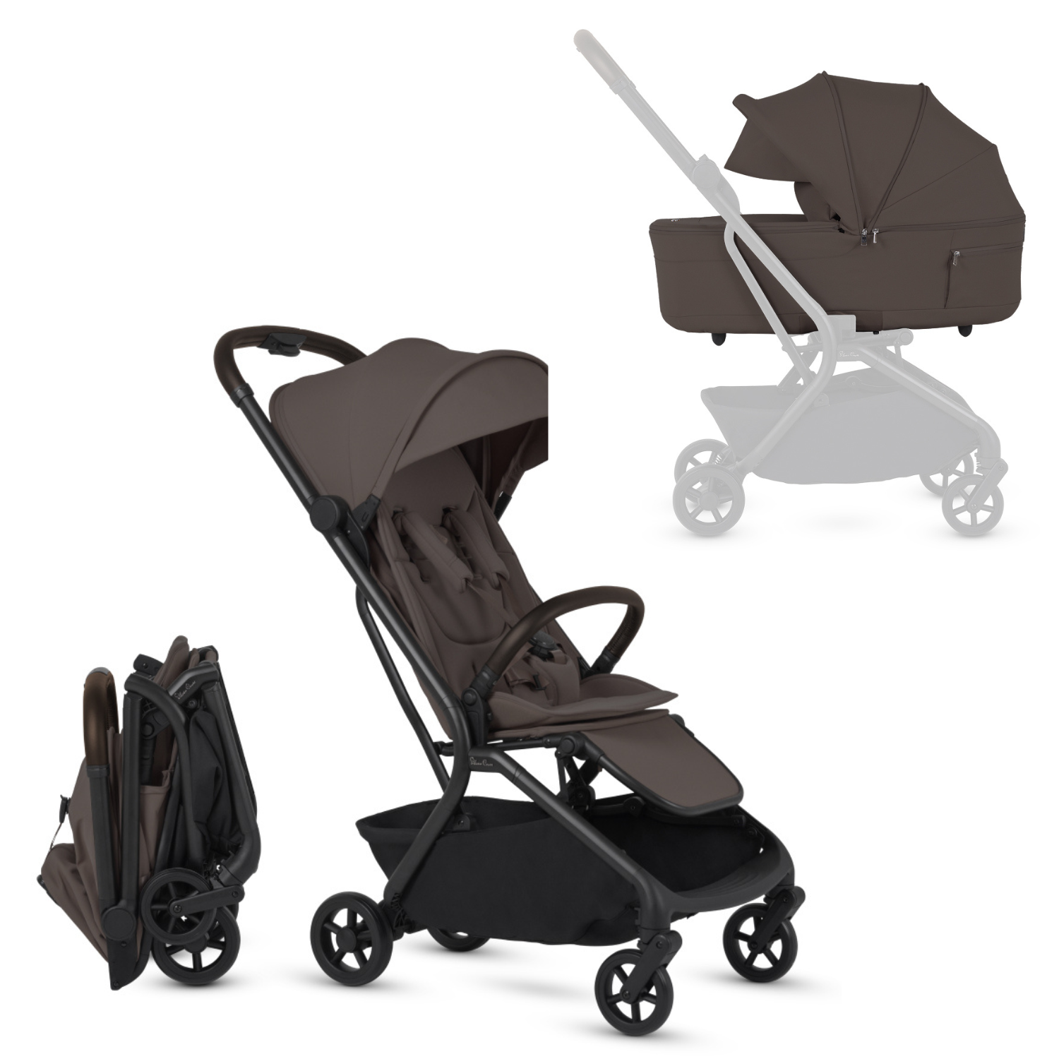 Nia Compact Travel Stroller + Foldable Compact Bassinet Strollers - Single Silver Cross Chocolate