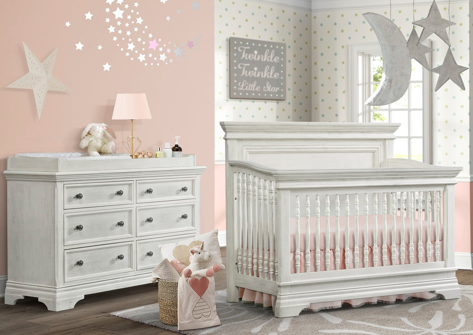 Olivia Flat Top Convertible Crib + Dresser & 5 Drawer Chest