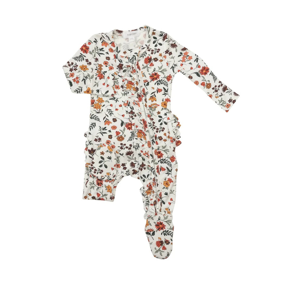 Bamboo Ruffle Zipper Footie - Autumn Ditsy