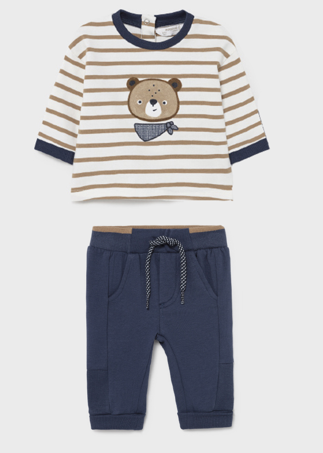 Mayoral L/S Bear Stripe Shirt + Blue Sport Fleece Pants - 4-6 Mo