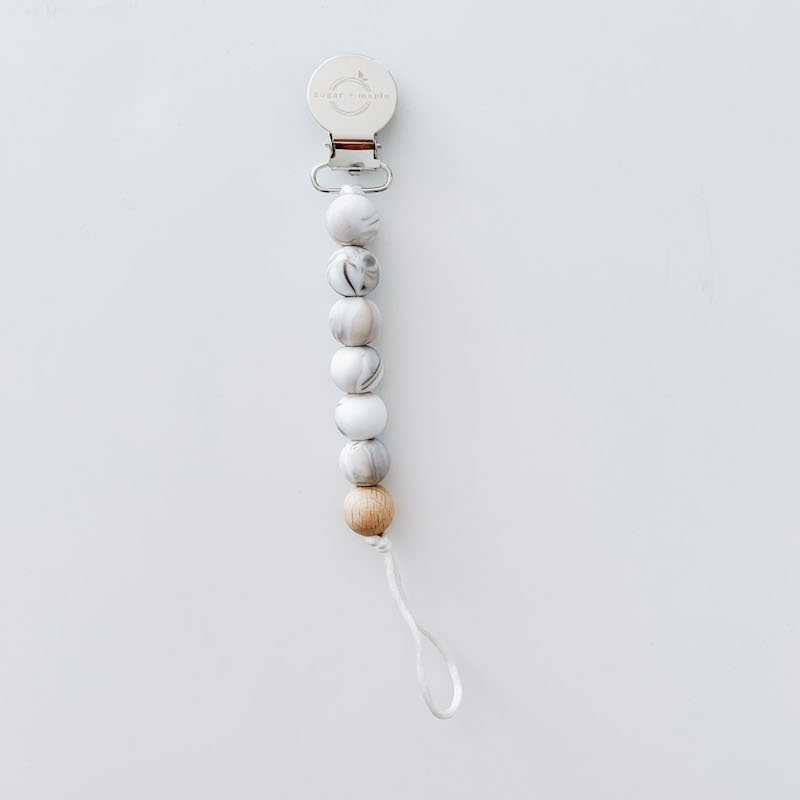Sugar + Maple Silicone Pacifier Clip + Teether in Marble