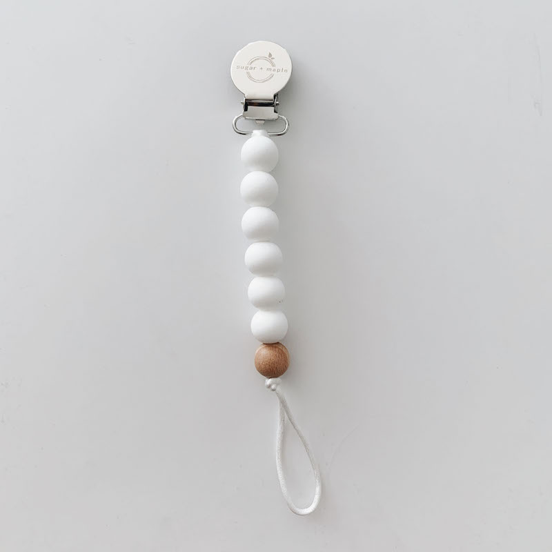 Sugar + Maple Silicone Pacifier Clip + Teether in White