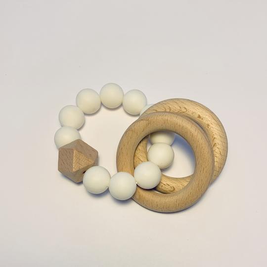 Sugar + Maple Silicone + Beechwood 2 Ring Teether - White