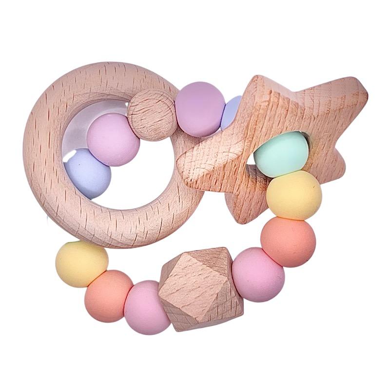 Sugar + Maple Silicone + Beechwood Ring Teether - Pastel Rainbow