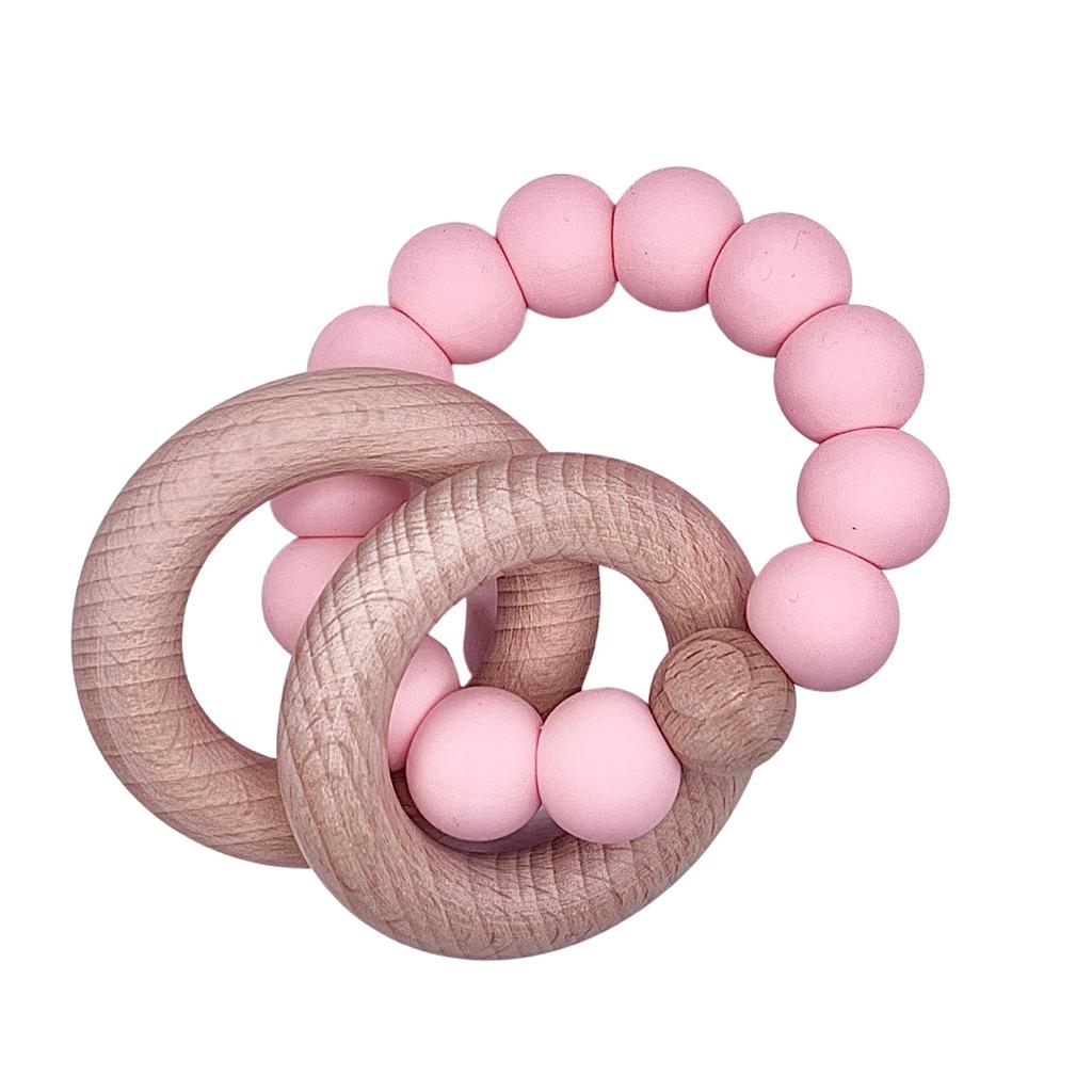 Sugar + Maple Silicone + Beechwood Ring Teether - Pink