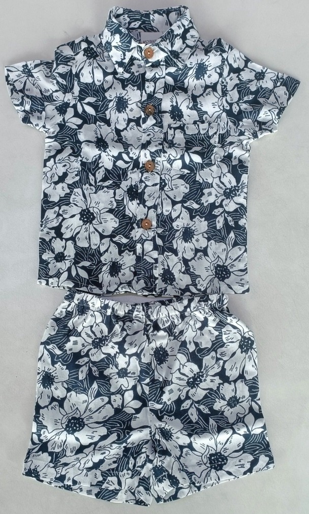 Yo Baby Floral Printed Boys Shirt & Shorts Set - 2T / Navy